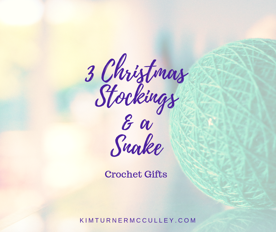 I'm crafting 3 Christmas stockings and a snake for my grands. All the details of my crochet projects, including pattern links and yarn recommendations.