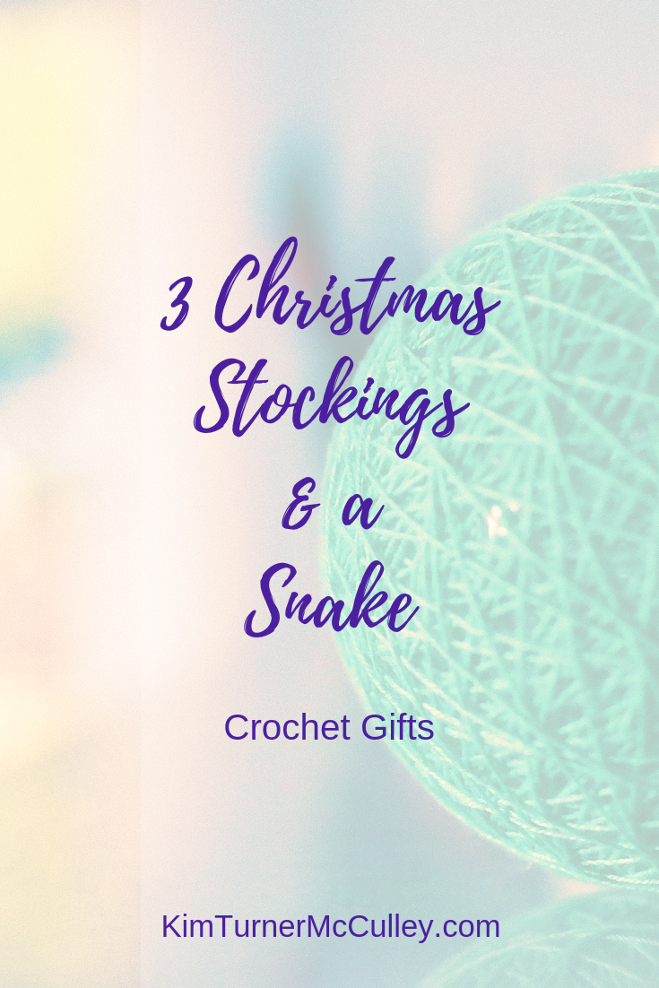 I'm crafting 3 Christmas stockings and a snake for my grands. All the details of my crochet projects, including pattern links and yarn recommendations.